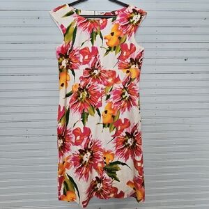 Isabella DeMarco Tahari Levine Linen Blend Pink Orange Floral Sheath Dress Sz 8